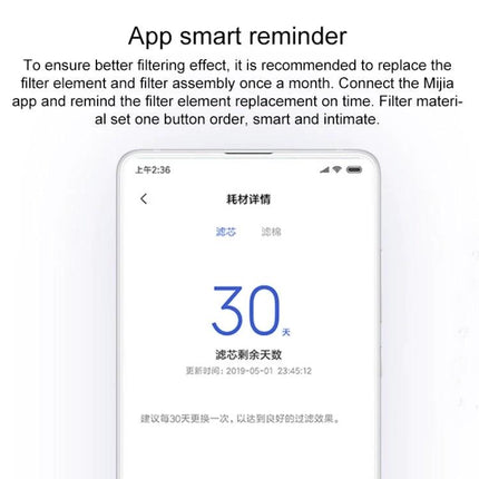 Mijia Filter Set for Daily Pet Water Dispensing at Home app reminder showing 30-day filter replacement countdown