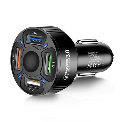 Cigarette Lighter USB Car Charger Multi Function Adapter with four USB ports, fast-charge port, high-brightness PC shell for road trips and commutes