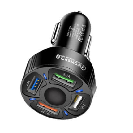 Cigarette Lighter USB Car Charger Multi Function Adapter with four USB ports, fast-charge port and compact black scratch-resistant shell