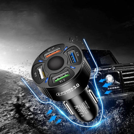 Cigarette Lighter USB Car Charger Multi Function Adapter with four USB ports and fast-charge port shown on rugged road background