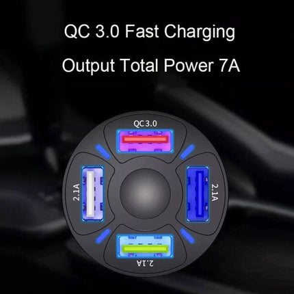 Cigarette Lighter USB Car Charger Multi Function Adapter round 4-port QC3.0 fast charging adapter with LED-lit USB ports, 7A total output