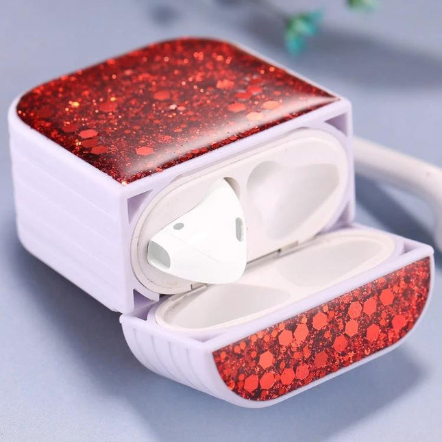 Glitter Sequins Protective Case for AirPods in Daily Commutes - red glitter sequin protective AirPods case open showing earbuds