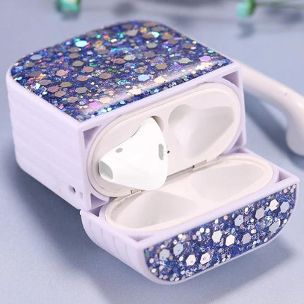 Glitter Sequins Protective Case for AirPods in Daily Commutes shown open with blue glitter sequin finish protecting earbuds