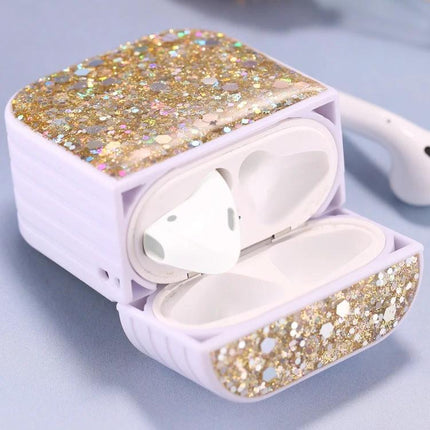 Glitter Sequins Protective Case for AirPods in Daily Commutes showing open white AirPods inside a sparkling gold sequin cover