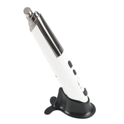 Wireless Bluetooth Pen Mouse for PC and Smart TV Navigation compact white pen-style mouse with 4 buttons and adjustable DPI on black stand