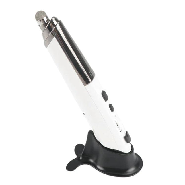 Wireless Bluetooth Pen Mouse for PC and Smart TV Navigation compact white pen-style mouse with 4 buttons and adjustable DPI on black stand