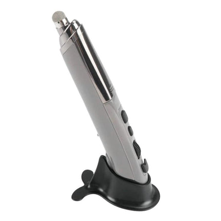 Wireless Bluetooth Pen Mouse for PC and Smart TV Navigation — silver pen-style mouse with 4 keys, DPI wheel and black stand