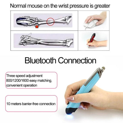 Wireless Bluetooth Pen Mouse for PC and Smart TV Navigation - compact pen-style Bluetooth mouse showing reduced wrist pressure, 4 keys, adjustable DPI, 10m range