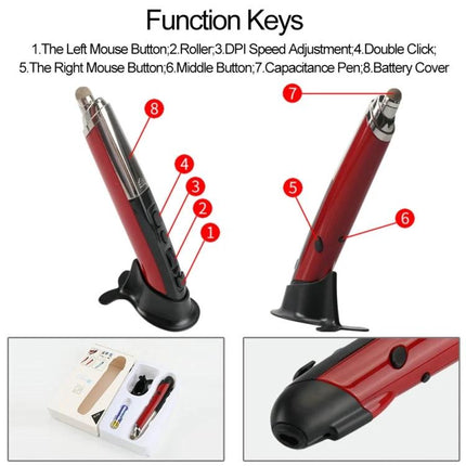 Wireless Bluetooth Pen Mouse for PC and Smart TV Navigation - red pen-style mouse with 4 keys, DPI adjuster, roller and charging stand