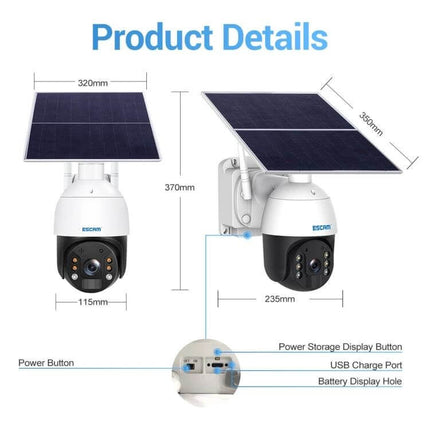 ESCAM Solar-Powered Outdoor Security Camera for Continuous Monitoring with foldable 20W solar panel and labeled dimensions
