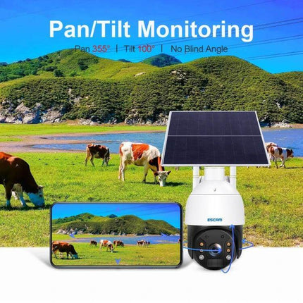 ESCAM Solar-Powered Outdoor Security Camera for Continuous Monitoring showing solar panel, pan/tilt camera and live mobile feed in pastoral field