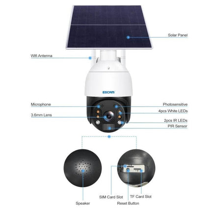 ESCAM Solar-Powered Outdoor Security Camera for Continuous Monitoring showing solar panel, camera head with 3.6mm lens, LEDs, PIR sensor and card slots