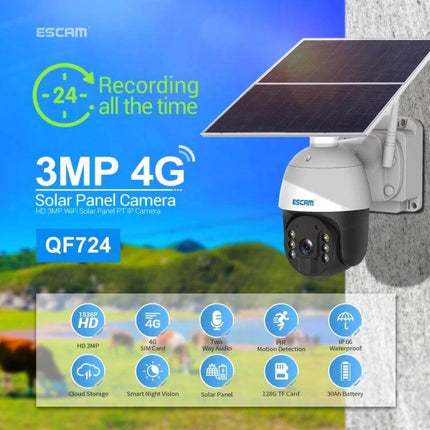 ESCAM Solar-Powered Outdoor Security Camera for Continuous Monitoring mounted with foldable solar panel and 3MP 4G recording all the time