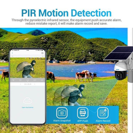 ESCAM Solar-Powered Outdoor Security Camera for Continuous Monitoring showing PIR motion detection alert on smartphone with thief detected in field