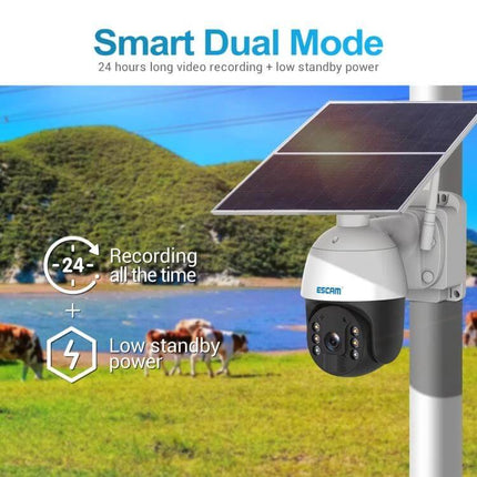 ESCAM Solar-Powered Outdoor Security Camera for Continuous Monitoring mounted with 20W solar panel recording 24/7 in rural outdoor setting