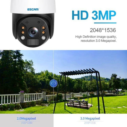 ESCAM Solar-Powered Outdoor Security Camera for Continuous Monitoring showing HD 3MP image quality and outdoor solar surveillance setup
