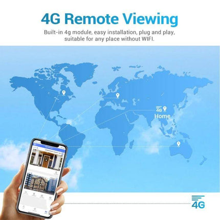 ESCAM Solar-Powered Outdoor Security Camera for Continuous Monitoring showing 4G remote viewing on smartphone with world map background