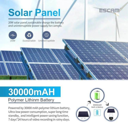 ESCAM Solar-Powered Outdoor Security Camera for Continuous Monitoring showing 20W foldable solar panel and 30000mAh battery