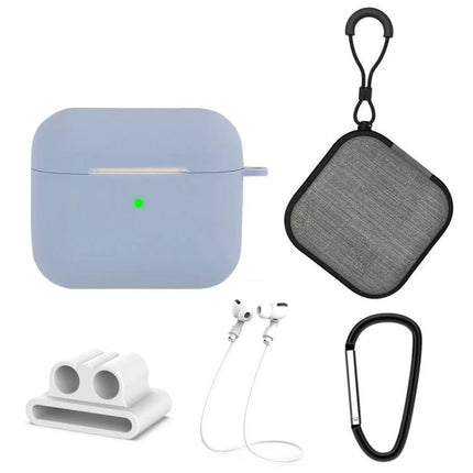 Essential Silicone Set for Everyday Earphone Protection and Travel - blue silicone case, fabric pouch, cable organizer and carabiner