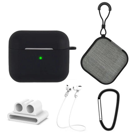 Essential Silicone Set for Everyday Earphone Protection and Travel – black silicone case, pouch, cable holder, carabiner, and earbud strap
