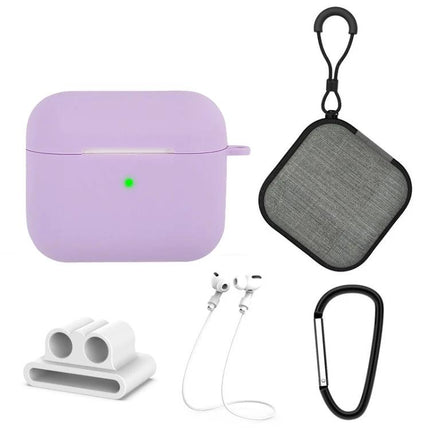Essential Silicone Set for Everyday Earphone Protection and Travel - lavender case, travel bag, strap, cable holder, carabiner