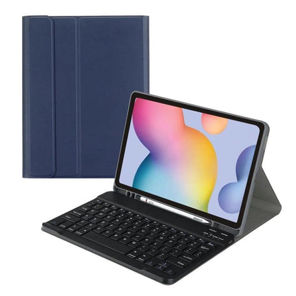 Leather Bluetooth Keyboard Case with Pen Slot for Samsung Tab S7 - navy leather folio with Bluetooth keyboard and pen slot, standing tablet view