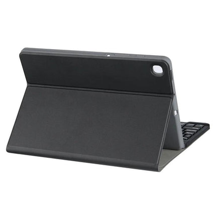 Leather Bluetooth Keyboard Case with Pen Slot for Samsung Tab S7 shown in black standing typing position with built-in keyboard and pen slot