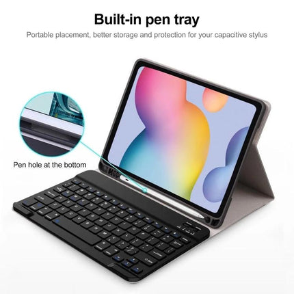 Leather Bluetooth Keyboard Case with Pen Slot for Samsung Tab S7 showing tablet in folio stand, detachable Bluetooth keyboard and built-in pen tray