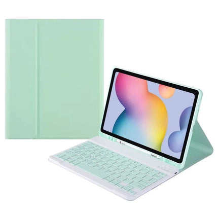 Leather Bluetooth Keyboard Case with Pen Slot for Samsung Tab S7 shown in mint green with detachable keyboard and stylus slot