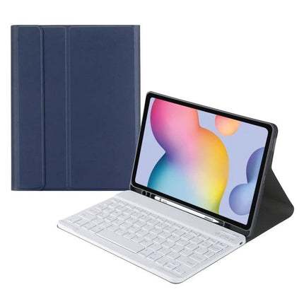 Leather Bluetooth Keyboard Case with Pen Slot for Samsung Tab S7 shown in navy leather with detachable white Bluetooth keyboard and pen slot