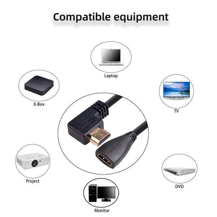 30cm HDMI Male to Female Elbow Adapter Cable with 90-Degree Angle showing right-angle HDMI male and female connectors for TVs, laptops, projectors and monitors