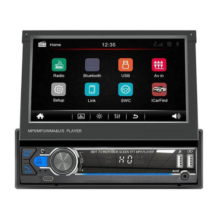 7-Inch Retractable Car MP5 Player for Audio and Connectivity with Bluetooth 5.1, touchscreen icons, USB and AUX
