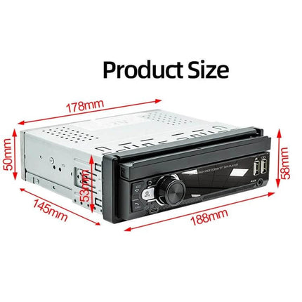 7-Inch Retractable Car MP5 Player for Audio and Connectivity showing front panel, dimensions and USB/Bluetooth controls