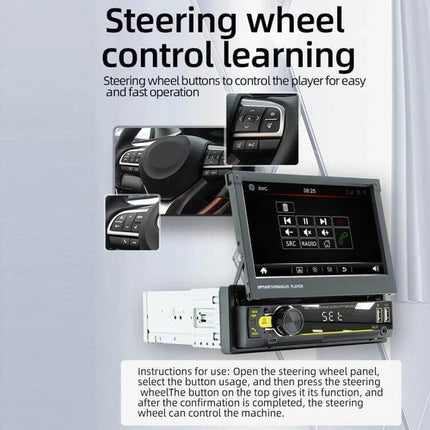 7-Inch Retractable Car MP5 Player for Audio and Connectivity installed with steering wheel control and Bluetooth 5.1 for hands-free calls and music