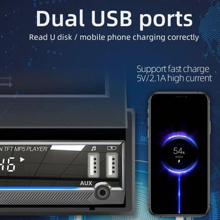 7-Inch Retractable Car MP5 Player for Audio and Connectivity showing dual USB ports and phone charging with Bluetooth 5.1