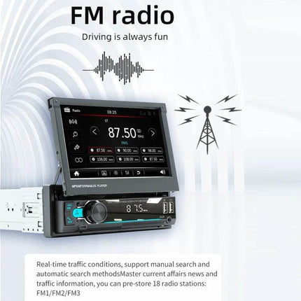 7-Inch Retractable Car MP5 Player for Audio and Connectivity showing FM radio screen, Bluetooth 5.1, hands-free and navigation features