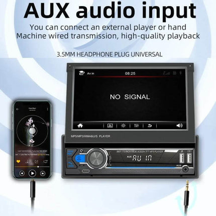 7-Inch Retractable Car MP5 Player for Audio and Connectivity showing AUX input, phone connection and retractable 7-inch screen (Bluetooth 5.1)