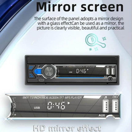 7-Inch Retractable Car MP5 Player for Audio and Connectivity mounted in dash showing mirror screen, Bluetooth 5.1, USB, AUX and HD mirror effect