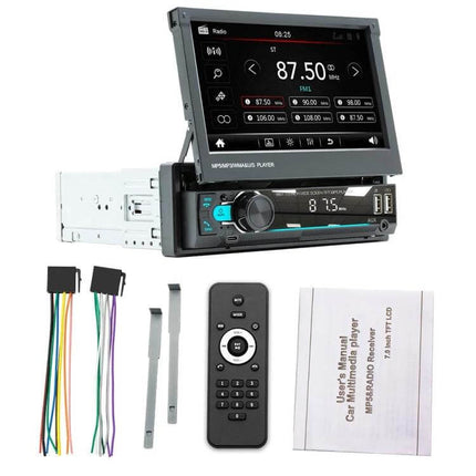 7-Inch Retractable Car MP5 Player for Audio and Connectivity – retractable touchscreen unit with Bluetooth 5.1, remote, wiring harness and manual