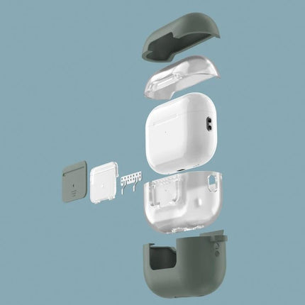 Daily Use Silicone Case for AirPods Pro on the Go, exploded view showing protective silicone shell and transparent inner cover for easy grab-and-go use
