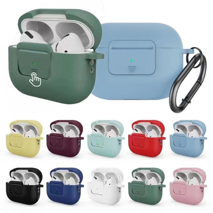Daily Use Silicone Case for AirPods Pro on the Go showing multiple color options and carabiner for easy transport