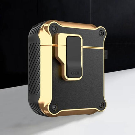 Protective Case for AirPods During Daily Commutes and Activities - compact black and gold rugged case with carabiner clip