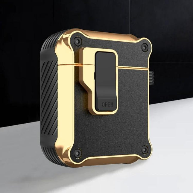 Protective Case for AirPods During Daily Commutes and Activities - compact black and gold rugged case with carabiner clip
