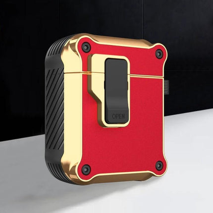 Protective Case for AirPods During Daily Commutes and Activities compact red and gold case with carabiner-ready clip