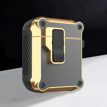 Protective Case for AirPods During Daily Commutes and Activities — compact rugged gold-gray case with carabiner clip for active commuting