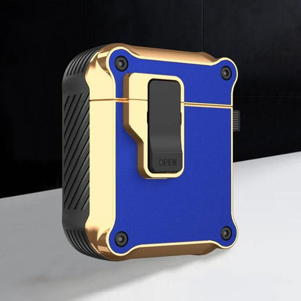 Protective Case for AirPods During Daily Commutes and Activities - compact blue and gold case with carabiner clip for secure everyday use