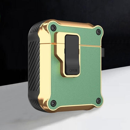 Protective Case for AirPods During Daily Commutes and Activities - compact green and gold rugged case with carabiner clip