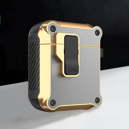 Protective Case for AirPods During Daily Commutes and Activities - compact gold and gray rugged case with carabiner clip