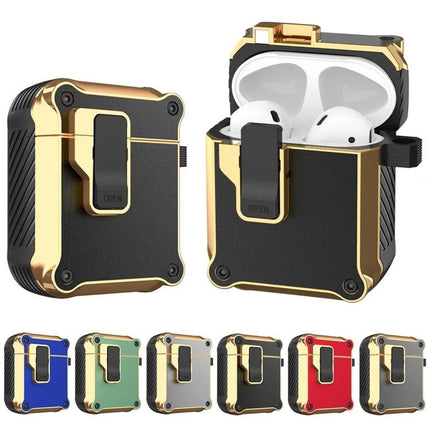 Protective Case for AirPods During Daily Commutes and Activities - rugged gold and black secure case with carabiner clip