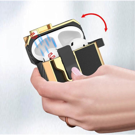 Protective Case for AirPods During Daily Commutes and Activities — compact rugged case with carabiner, shown open holding AirPods for commuting and gym use